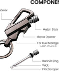 Infinity Lighter Forever Match With Multitool Keychain Bottle Opener Waterproof Reusable Matchstick Outdoor Survival Essential Double Ferrocerium Rods For Easy Ignition Long Life Camping Prepper Ready Fuel Not Included showing components of carabiner, match stick, bottle opener, and fuel storage area.