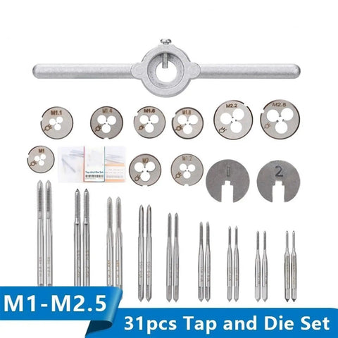 Essential Metric Tap And Die Set With 31 Pieces For Metalworking Pros! High Speed Steel HSS Tools Create Perfect Screw Threads On DIY Projects And Small Engine Repairs With Durable Hand Wrench Kit. M1-M2.5 tap and die set with wrench and dies