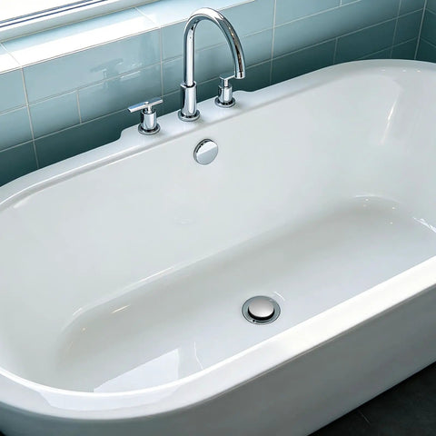 Copper Bath Tub Drain Stopper with Hair Strainer Basket installed in a modern bathtub with chrome faucet.