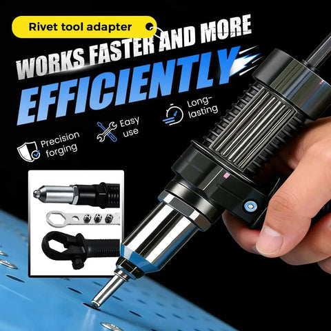 Cordless Rivet Gun Adapter Kit Converts Any Drill Into A Heavy Duty Riveting Tool with nut cores, ergonomic grip in use
