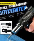 Electric Rivet Gun Adapter Kit With 4 Interchangeable Nosepieces 2.4mm 3.2mm 4.0mm 4.8mm For Cordless Drills in use close-up