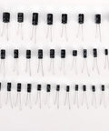 Aluminum Electrolytic Capacitor Kit With 36 Values And 1000 Pieces In A Durable Reusable Storage Box 0.1uF To 1000uF 10V 16V 25V 35V 50V Ideal For DIY Electronics Projects Makers And Hobbyists displayed in rows