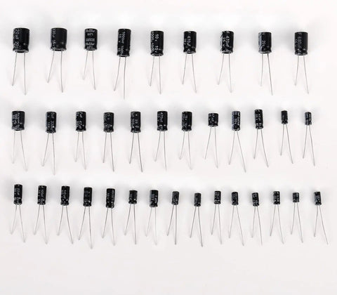 Aluminum Electrolytic Capacitor Kit With 36 Values And 1000 Pieces In A Durable Reusable Storage Box 0.1uF To 1000uF 10V 16V 25V 35V 50V Ideal For DIY Electronics Projects Makers And Hobbyists displayed in rows