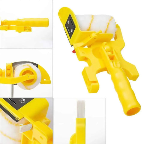 Paint Edger Roller Brush Kit With Handheld Edger And Roller for clean cut edges, shown in yellow ABS plastic with cotton roller.