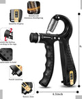 Grip Strength Kit With Counting Gauge, Adjustable Finger Trainers, grip strengthener dimensions and design details.
