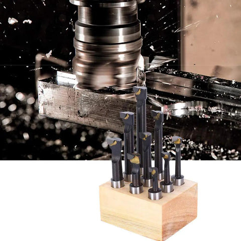 12mm F1 Type Boring Bar Set 9 Piece Pro Grade High Speed Steel Lathe Tools With Storage Base For Precision Internal Turning And Bore Machining On Metalworking Lathes, set on wood base