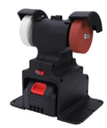 Walfront 18 Volt Cordless Mini Bench Grinder With 200 Watt Power And 7000 Rpm Speed, black body and dual grit wheels for precise grinding.