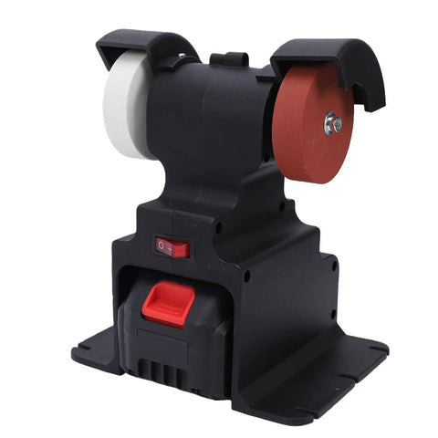 Walfront 18 Volt Cordless Mini Bench Grinder With 200 Watt Power And 7000 Rpm Speed, black body and dual grit wheels for precise grinding.