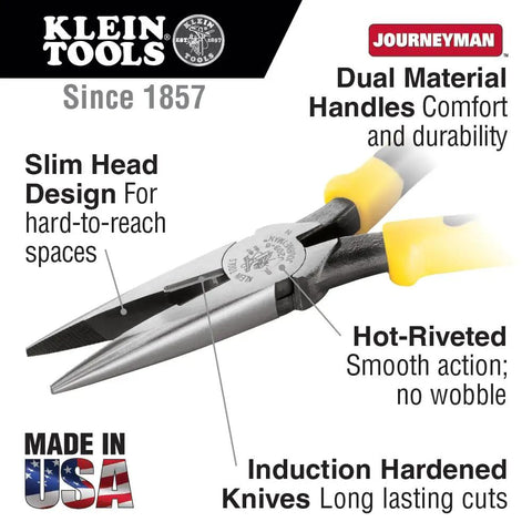 Long Nose Side Cutting Pliers 6-3/4-Inch Pro Grade With Induction Hardened Cutting Knives, Slim Head, Knurled Jaws, USA Made J203-6