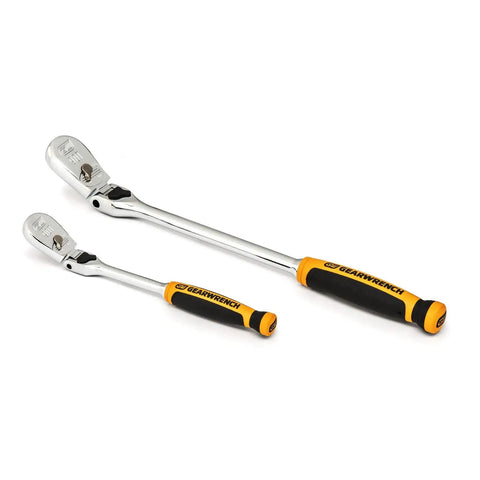 Two Piece 1/4 And 3/8 Inch Drive Ratchet Set With 90-Tooth Locking Flex Head Teardrop Design on a white background