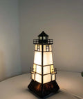 Lighthouse Tiffany Style Stained Glass Accent Table Lamp Night Light With Lookout Platform For Home Decor 5x5x9 Inch Brown LED