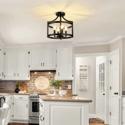 4 Light Modern Farmhouse Ceiling Chandelier Matte Black Open Cage Pendant Lighting Convertible Semi Flush Mount in kitchen