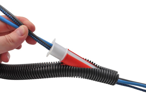 Wire Loom Insertion Tool Set For Three Eighths To Two Inch Conduit Sleeving - 5 Piece Cable Management Kit in use