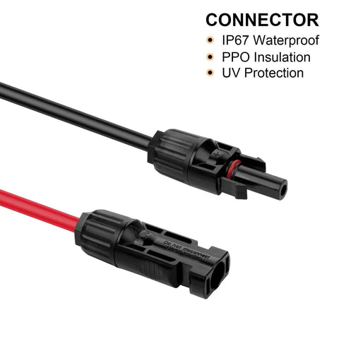 Heavy Duty 3 Foot 10AWG Solar Extension Cable With Male And Female Connectors, IP67 waterproof, red and black cables