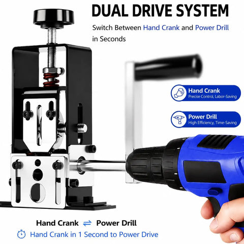 Heavy Duty Wire Stripper Machine For Quick Cable Prepping With Dual Drive Crank Or Drill Mount showing hand crank and power drill features.
