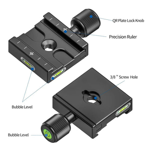 Rock Solid 50mm Quick Release Clamp for Camera Tripod Heads With Three Eighths to One Quarter Inch Adapter Arca Swiss Style Plate Compatible