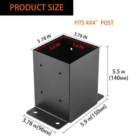 Heavy Duty 4x4 Post Base Brackets With Inner 3.6x3.6 Opening Black Powder Coated Steel Fence Post Anchors For Deck Porch Handrail Railing And Pergola Supports 4 Pcs. Black steel bracket dimensions labeled