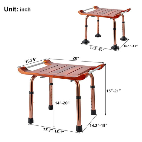 No Slip Teak Shower Bench With Adjustable Height For Indoor Shower Bath And Sauna, Elderly And Disabled Friendly With Aluminum Handrail
