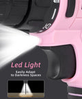 Close-up of pink 12 Volt cordless drill kit with LED light highlighting ergonomic design and torque settings dial at 25.