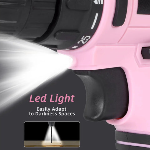 Close-up of pink 12 Volt cordless drill kit with LED light highlighting ergonomic design and torque settings dial at 25.