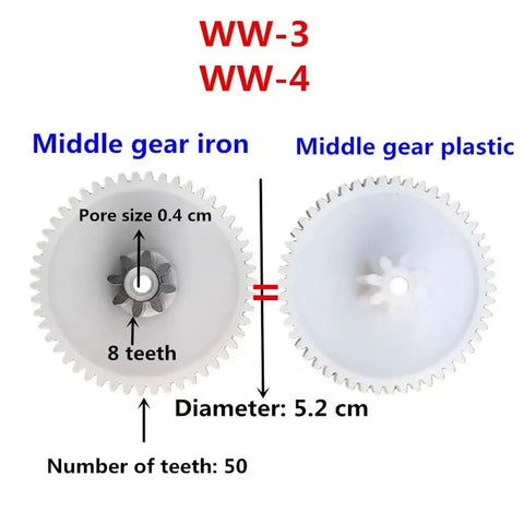 Kids Ride On Toy Car 390 Gearbox Gear Set with WW-3 WW-4 Gears includes 8T iron and plastic middle gears with dimensions shown