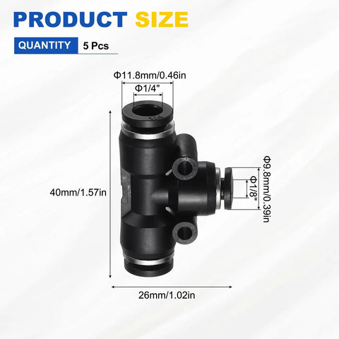 5 Pack 3 Way Push To Connect Pneumatic Tee Fittings 1 Quarter Inch By 1 Eighth Inch Tube OD Black Quick Connect