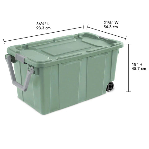 40 Gallon Wheeled Tough Plastic Storage Tote With Latch Lid Heavy Duty Green Industrial Bin With Measurements