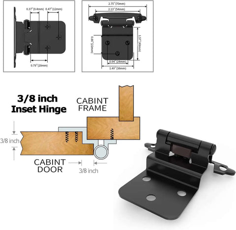 Top Shelf Self Closing Cabinet Hinges 3 8 Inch Inset Door Hinges with dimensions, flush face mount, matte black steel design.