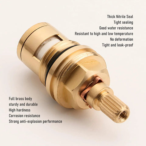 Brass ceramic disc faucet cartridge replacement with 20 spline stem for hot and cold water two valve pack, close-up view showing materials.