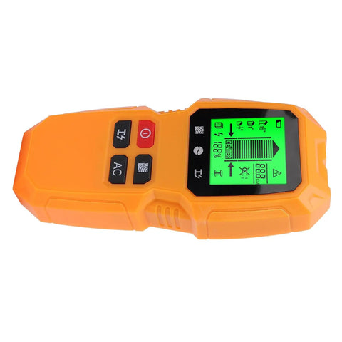 Fafeicy Wall Scanner 5 in 1 Stud Finder with LCD Display shown in orange color with clear screen and function buttons.