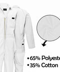 Tough As Nails Long Sleeve Coveralls For Men Heavy Duty Work Jump Suit Featuring Six Spacious Utility Pockets And A Secure Crew Fit In Crisp White Large Size with fabric details.