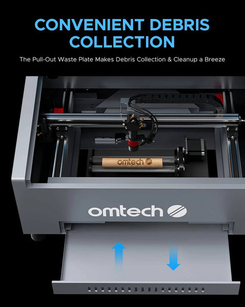 OMTech K40+ 45W CO2 laser engraver with grey metal enclosure and desktop engraving bed.