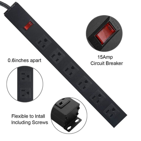 Wall Mount Power Strip With Six Wide Spaced Outlets And Built In Switch, Aluminum Alloy Mount Socket shown with breaker