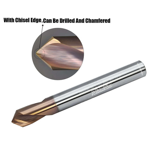 WEXWE chamfer end mill drill bit with copper cutting tip and chrome shank, 2-flute, 1/4-2", angled view
