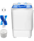 Compact Portable Washing Machine With 7.5 Liter Basin For Quick Laundry And Sneaker Scrubs Nifty Desktop Washer showing white and blue design with accessories.