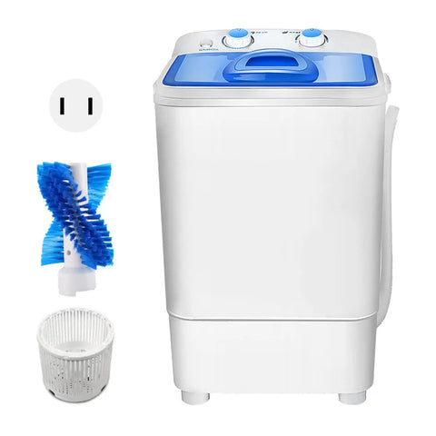 Compact Portable Washing Machine With 7.5 Liter Basin For Quick Laundry And Sneaker Scrubs Nifty Desktop Washer showing white and blue design with accessories.