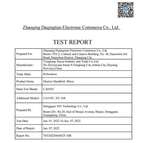 Test report for Beast Electric Handheld Cement Mixer 2100W Concrete Paint Drill with manufacturer and test details.