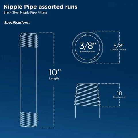 Diagram of Three Eighths Inch Black Steel Pipe Ten Inch Nipple Set Four Pack Pre Cut Threaded Industrial Grade Malleable Iron Pipe Fittings dimensions.