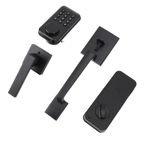 Badass Keyless Entry Lock Set With Fingerprint Scanner And Auto Electronic Keypad Deadbolt Digital Smart Code Setup Featuring Hella Smooth Lever Handle In Matte Black, showing smooth lever handle and keypad.