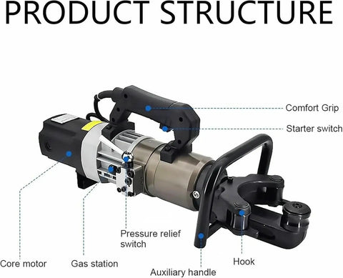 MXJCKSOQ Electric Hydraulic Rebar Bender Tool 1800W Handheld Machine with visible components like core motor and comfort grip.