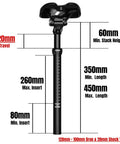 Lever Actuated Dropper Seatpost With 100mm Drop And 20mm Suspension Travel For Bicycle And E Bike, Cable Free Height Adjustment, 450mm Length, 27.2mm Diameter, Dialed In For Smooth, Responsive Rides shown with dimensions.