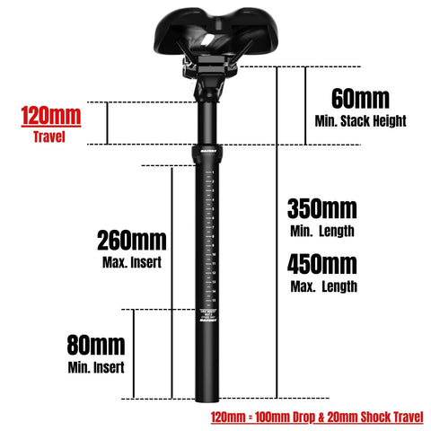 Lever Actuated Dropper Seatpost With 100mm Drop And 20mm Suspension Travel For Bicycle And E Bike, Cable Free Height Adjustment, 450mm Length, 27.2mm Diameter, Dialed In For Smooth, Responsive Rides shown with dimensions.