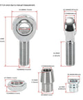 Heavy Duty Heim Joint Rod End Kit Two Pair Set With Left And Right Hand Threads Featuring Sealed Greased Chromoly Steel Design For Rock Solid Steering and Long Lasting Ride Stability, detailed measurement view.