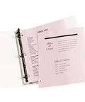 Binder with pink pages using Self Adhesive Hole Reinforcement Stickers For One Quarter Inch Punches White Non Printable Reinforcement Labels.