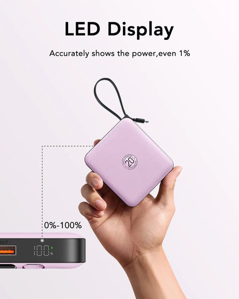 Keep Your Gadgets Juiced 10000mAh Power Bank With Four Built In Cables Fast Charging Portable Battery Pack For Smartphones And Tablets Lightweight Travel Charger In Bold Purple displayed in hand with LED power indicator.