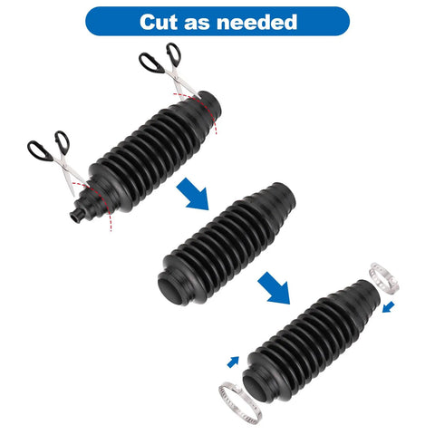 Universal Inner Tie Rod Boot Kit with Dustproof Silicone, showing cut option with cable ties and clamps for cars' steering systems.