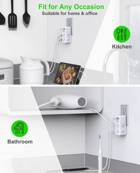2 Pack Multi Plug Outlet Extender Surge Protector 1700J Wall Power Strip With Rotating Plug And Four USB Ports in kitchen and bathroom