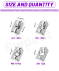 Size and quantity details of 40 Piece 4040 T Slot Nut Set M4 M5 M6 M8 Nickel Plated Roll In Spring Nuts With Sheets Assortment Kit