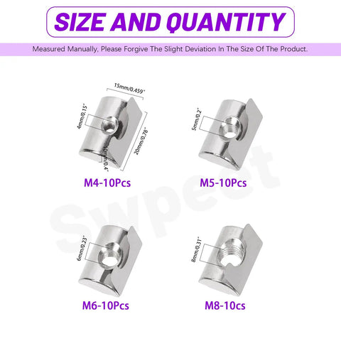 Size and quantity details of 40 Piece 4040 T Slot Nut Set M4 M5 M6 M8 Nickel Plated Roll In Spring Nuts With Sheets Assortment Kit