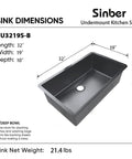 Diagram showing dimensions of Undermount Single Bowl Kitchen Sink 32 By 19 By 10 Inches, 18 Gauge 304 Stainless Steel With Black Finish.